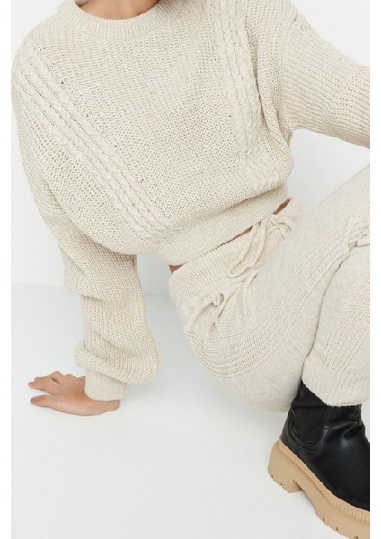 Kadın Moda Şık Dar Paça Crop Boy Uzun Kollu Crop Bisiklet Yaka Triko Alt-Üst Takım