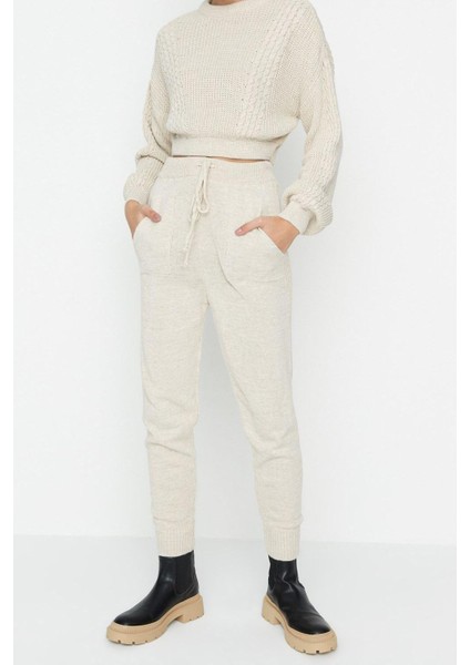 Kadın Moda Şık Dar Paça Crop Boy Uzun Kollu Crop Bisiklet Yaka Triko Alt-Üst Takım
