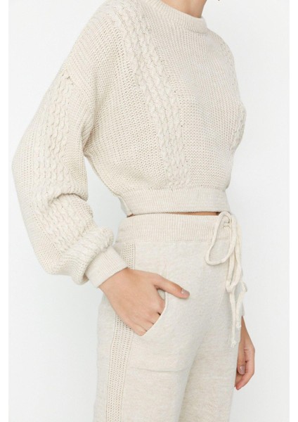 Kadın Moda Şık Dar Paça Crop Boy Uzun Kollu Crop Bisiklet Yaka Triko Alt-Üst Takım