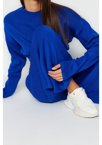 Kadın Moda Şık Regular Boy Uzun Kollu Süper Crop Jogger Pantolonlu Triko Alt-Üst Takım