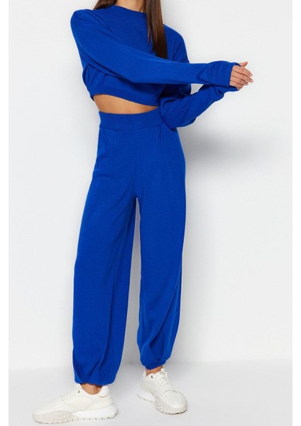 Kadın Moda Şık Regular Boy Uzun Kollu Süper Crop Jogger Pantolonlu Triko Alt-Üst Takım