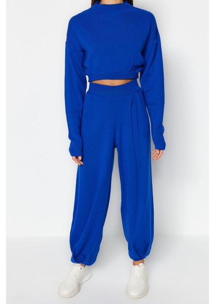 Kadın Moda Şık Regular Boy Uzun Kollu Süper Crop Jogger Pantolonlu Triko Alt-Üst Takım