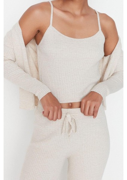 Kadın Moda Şık Geniş Paça Crop Boy Uzun Kollu Fitillli Bluz Hırka Pantolon Triko Alt-Üst Takım