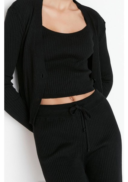Kadın Moda Şık Geniş Paça Crop Boy Uzun Kollu Fitillli Bluz Hırka Pantolon Triko Alt-Üst Takım