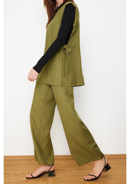 Kadın Moda Şık Geniş Paça Regular Boy Keten Görünümlü Yandan Bağlamalı Dokuma Alt Üst Takım fiyatları