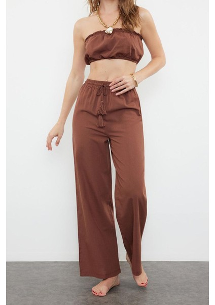 Kadın Moda Şık Regular Kısa Boy Uzun Kollu Kahverengi Dokuma %100 Pamuklu Bluz Pantolon Takım fiyatları