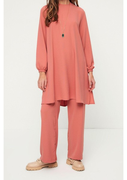 Kadın Moda Şık Geniş Paça Regular Boy Kolu Lastikli Bol Paça Aerobin Tunik-Pantolon Dokuma Takım