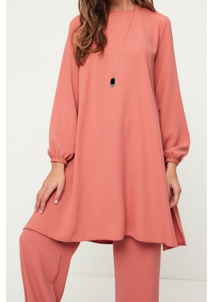 Kadın Moda Şık Geniş Paça Regular Boy Kolu Lastikli Bol Paça Aerobin Tunik-Pantolon Dokuma Takım modelleri