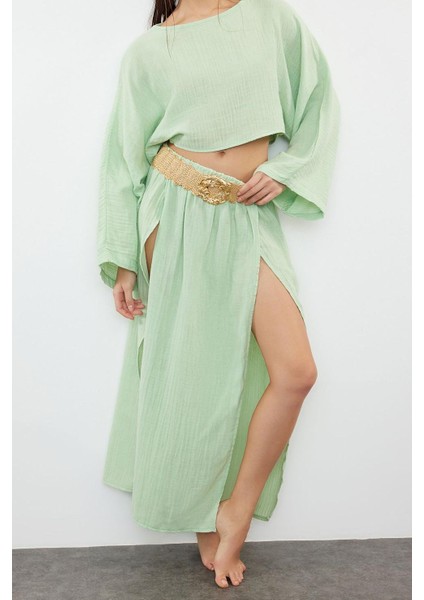 Kadın Moda Şık Regular Uzun Boy Uzun Kollu Mint Dokuma Yırtmaçlı Müslin Bluz Etek Takım fiyatları