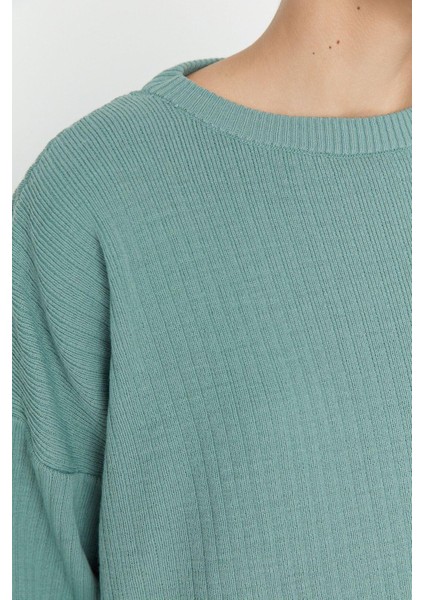 Kadın Moda Şık Boru Paça Regular Boy Uzun Kollu Basic Bisiklet Yaka Triko Alt-Üst Takım