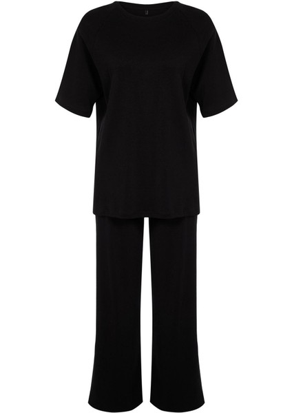 Kadın Moda Şık Geniş Paça Relaxed Rahat Kalıp Geniş Paça Örme Bluz Pantolon Alt-Üst Takım