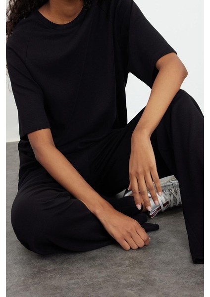 Kadın Moda Şık Geniş Paça Relaxed Rahat Kalıp Geniş Paça Örme Bluz Pantolon Alt-Üst Takım modelleri
