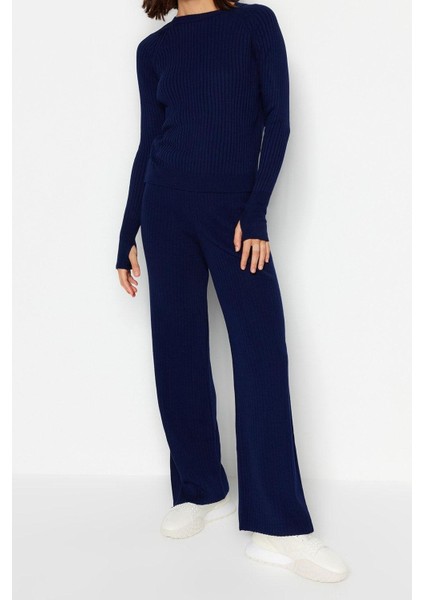 Kadın Moda Şık Regular Boy Uzun Kollu Basic Parmak Detaylı Triko Alt-Üst Takım