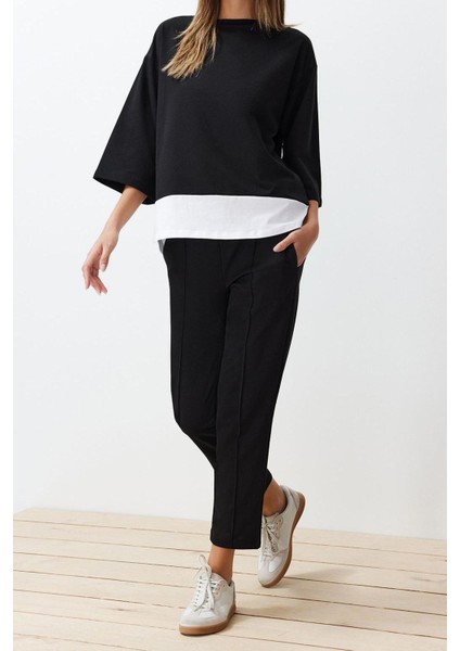 Kadın Moda Şık Boru Paça Truvakar Kollu Relaxed Kalıp Dokuma Örme Bluz Pantolon Alt-Üst Takım