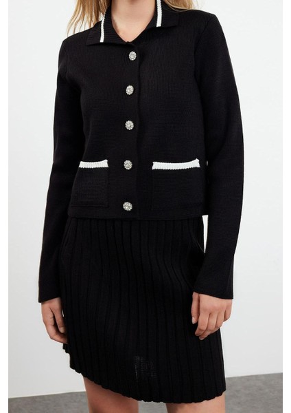 Kadın Moda Şık Regular Boy Uzun Kollu Crop Cep Detaylı Mini Etekli Triko Alt-Üst Takım