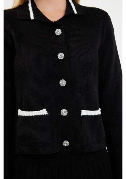 Kadın Moda Şık Regular Boy Uzun Kollu Crop Cep Detaylı Mini Etekli Triko Alt-Üst Takım