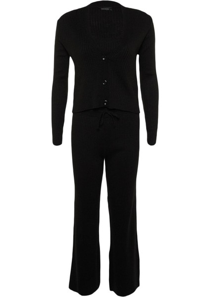 Kadın Moda Şık Geniş Paça Crop Boy Uzun Kollu Fitillli Bluz Hırka Pantolon Triko Alt-Üst Takım