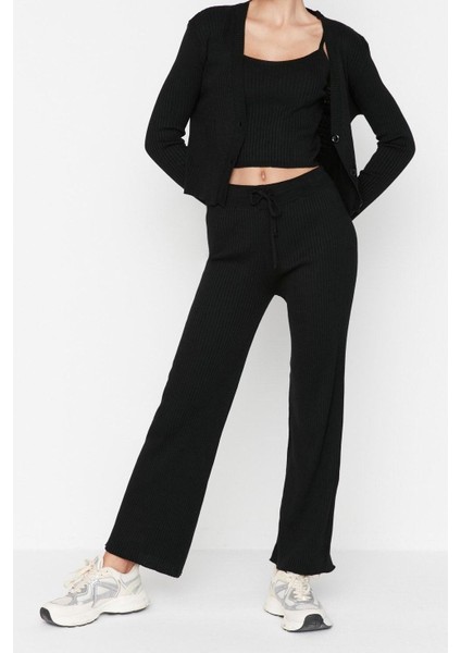 Kadın Moda Şık Geniş Paça Crop Boy Uzun Kollu Fitillli Bluz Hırka Pantolon Triko Alt-Üst Takım modelleri