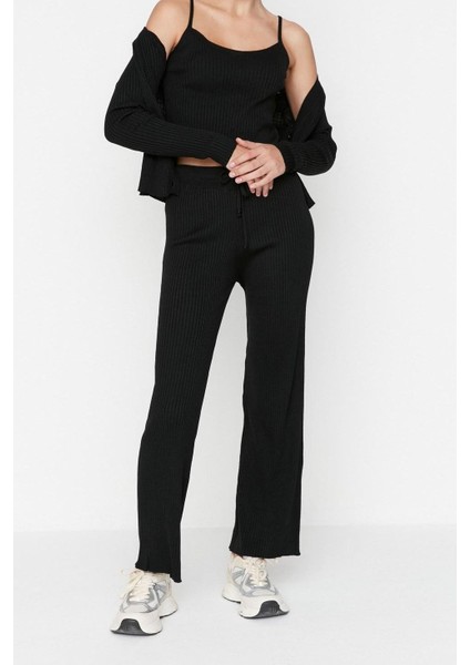 Kadın Moda Şık Geniş Paça Crop Boy Uzun Kollu Fitillli Bluz Hırka Pantolon Triko Alt-Üst Takım fırsatları
