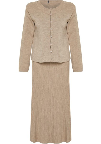 Kadın Moda Şık Regular Uzun Boy Uzun Kollu Düğmeli Hırka-Etek Triko Alt-Üst Takım