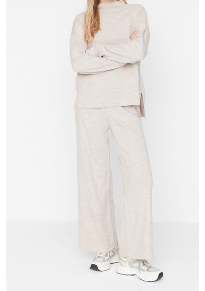 Kadın Moda Şık Geniş Paça Regular Boy Uzun Kollu Dik Yaka Triko Alt-Üst Takım