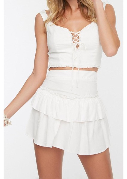 Tarz Kadın Modern Moda Normal Bel Geniş Paça Kalp Yaka Dokuma Fırfırlı Bluz Etek Takım fiyatları