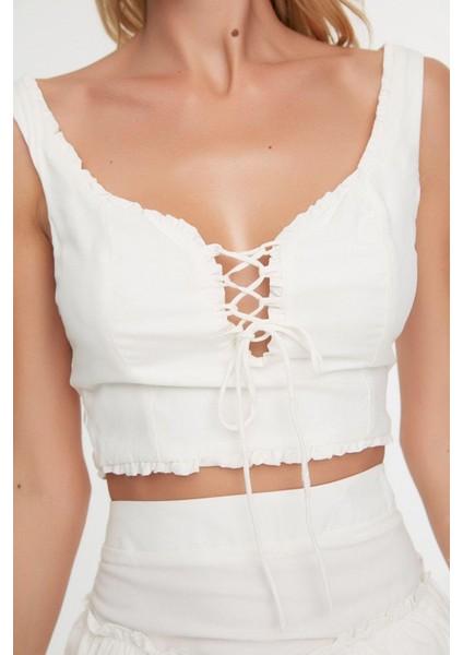 Tarz Kadın Modern Moda Normal Bel Geniş Paça Kalp Yaka Dokuma Fırfırlı Bluz Etek Takım fırsatları