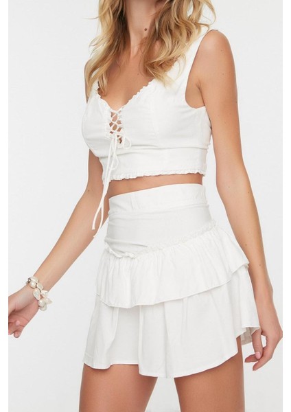 Tarz Kadın Modern Moda Normal Bel Geniş Paça Kalp Yaka Dokuma Fırfırlı Bluz Etek Takım indirimleri