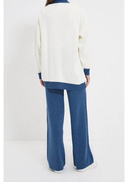 Tarz Kadın Modern Moda Yüksek Bel Geniş Paça V Yaka Şerit Detaylı Hırka-Pantolon Triko Takım modelleri