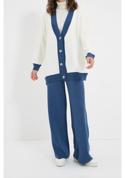 Tarz Kadın Modern Moda Yüksek Bel Geniş Paça V Yaka Şerit Detaylı Hırka-Pantolon Triko Takım indirimleri