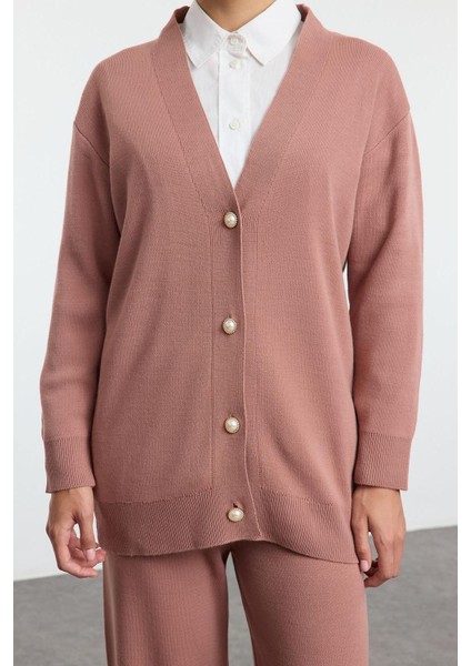 Tarz Kadın Modern Moda Normal Bel Boru Paça V Yaka Inci Düğmeli Hırka-Pantolon Triko Alt-Üst Takım