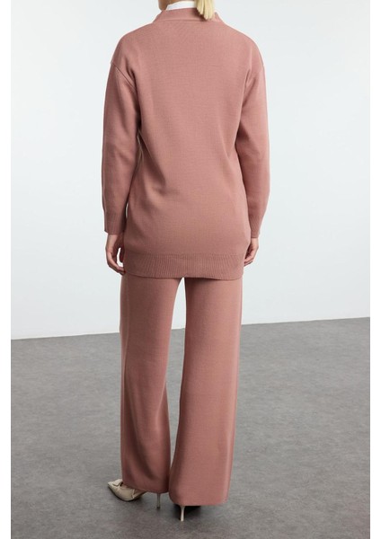 Tarz Kadın Modern Moda Normal Bel Boru Paça V Yaka Inci Düğmeli Hırka-Pantolon Triko Alt-Üst Takım modelleri