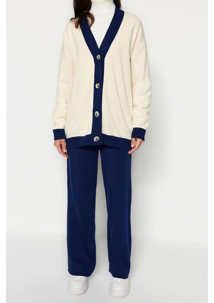 Tarz Kadın Modern Moda Yüksek Bel Geniş Paça V Yaka Şerit Detaylı Hırka-Pantolon Triko Takım fırsatları