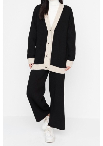 Tarz Kadın Modern Moda Yüksek Bel Geniş Paça V Yaka Şerit Detaylı Hırka-Pantolon Triko Takım fiyatları