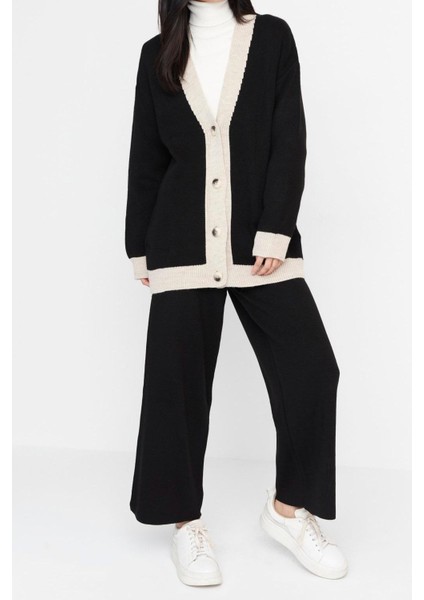 Tarz Kadın Modern Moda Yüksek Bel Geniş Paça V Yaka Şerit Detaylı Hırka-Pantolon Triko Takım fırsatları