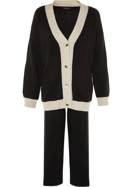 Tarz Kadın Modern Moda Yüksek Bel Geniş Paça V Yaka Şerit Detaylı Hırka-Pantolon Triko Takım indirimleri