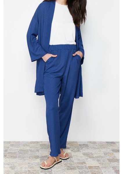Tarz Kadın Normal Bel Boru Paça V Yaka Oversize Dokulu Bürümcük Örme Kimono Pantolon Alt-Üst Takım fiyatları