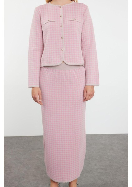 Tarz Kadın Modern Moda Normal Bel Boru Paça Bisiklet Yaka Ekoseli Triko Alt-Üst Takım fırsatları