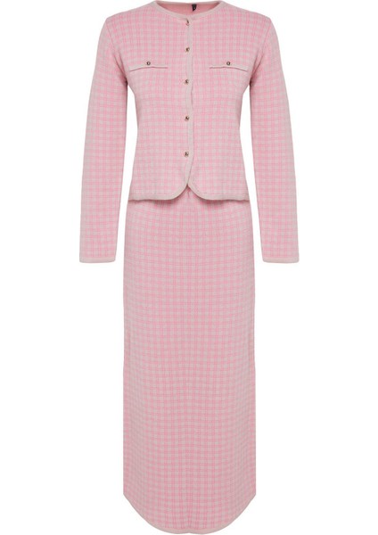 Tarz Kadın Modern Moda Normal Bel Boru Paça Bisiklet Yaka Ekoseli Triko Alt-Üst Takım indirimleri