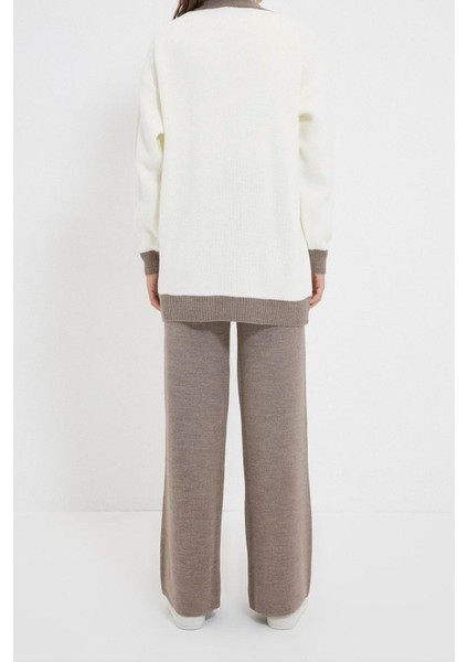 Tarz Kadın Modern Moda Yüksek Bel Geniş Paça V Yaka Şerit Detaylı Hırka-Pantolon Triko Takım modelleri