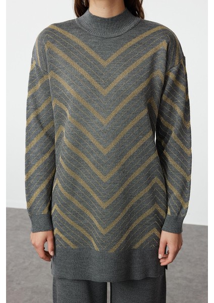 Tarz Kadın Modern Moda Normal Bel Boru Paça Dik Yaka Simli Triko Kazak Pantolon Alt-Üst Takım