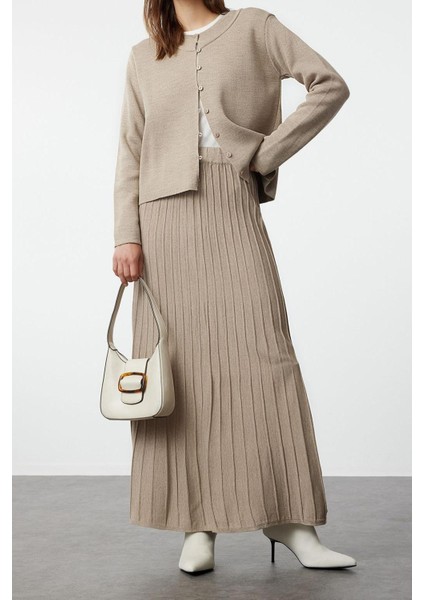 Tarz Kadın Modern Moda Normal Bel Boru Paça Bisiklet Yaka Düğmeli Hırka-Etek Triko Alt-Üst Takım