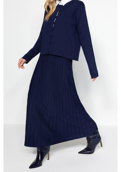 Tarz Kadın Modern Moda Normal Bel Boru Paça Bisiklet Yaka Düğmeli Hırka-Etek Triko Alt-Üst Takım