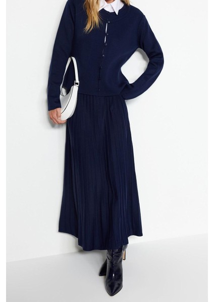 Tarz Kadın Modern Moda Normal Bel Boru Paça Bisiklet Yaka Düğmeli Hırka-Etek Triko Alt-Üst Takım indirimleri