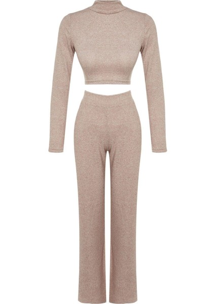 Kadın Moda Şık Geniş Paça Uzun Boy Dik Yaka Yumoş Crop ve Geniş Paça Örme Alt-Üst Takım