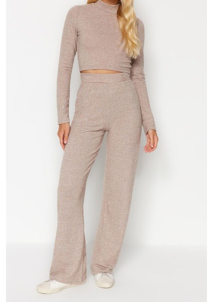 Kadın Moda Şık Geniş Paça Uzun Boy Dik Yaka Yumoş Crop ve Geniş Paça Örme Alt-Üst Takım