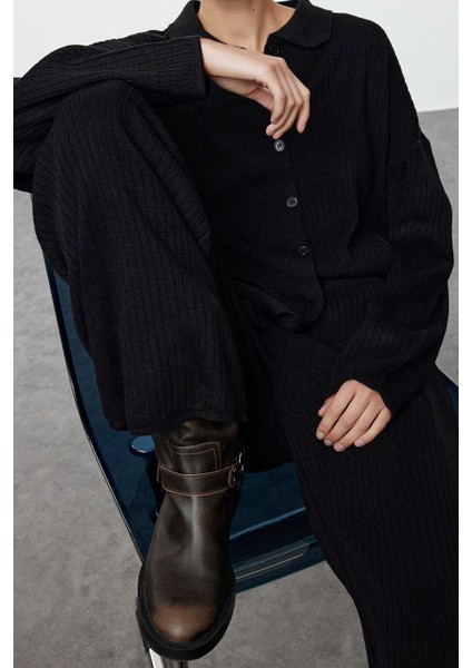 Kadın Moda Şık Regular Boy Uzun Kollu Basic Polo Yaka Triko Alt-Üst Takım