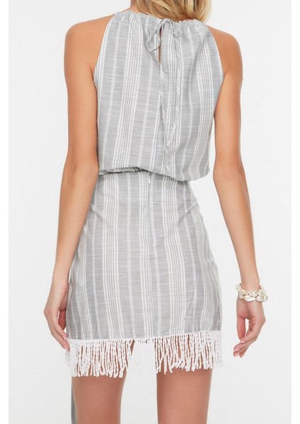 Tarz Kadın Modern Moda Normal Bel Geniş Paça Halter Yaka Çizgili Dokuma Püsküllü Bluz Etek Takım modelleri