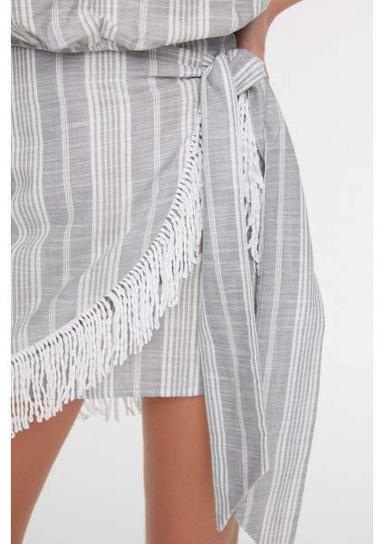 Tarz Kadın Modern Moda Normal Bel Geniş Paça Halter Yaka Çizgili Dokuma Püsküllü Bluz Etek Takım fırsatları