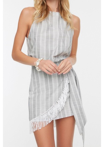 Tarz Kadın Modern Moda Normal Bel Geniş Paça Halter Yaka Çizgili Dokuma Püsküllü Bluz Etek Takım indirimleri